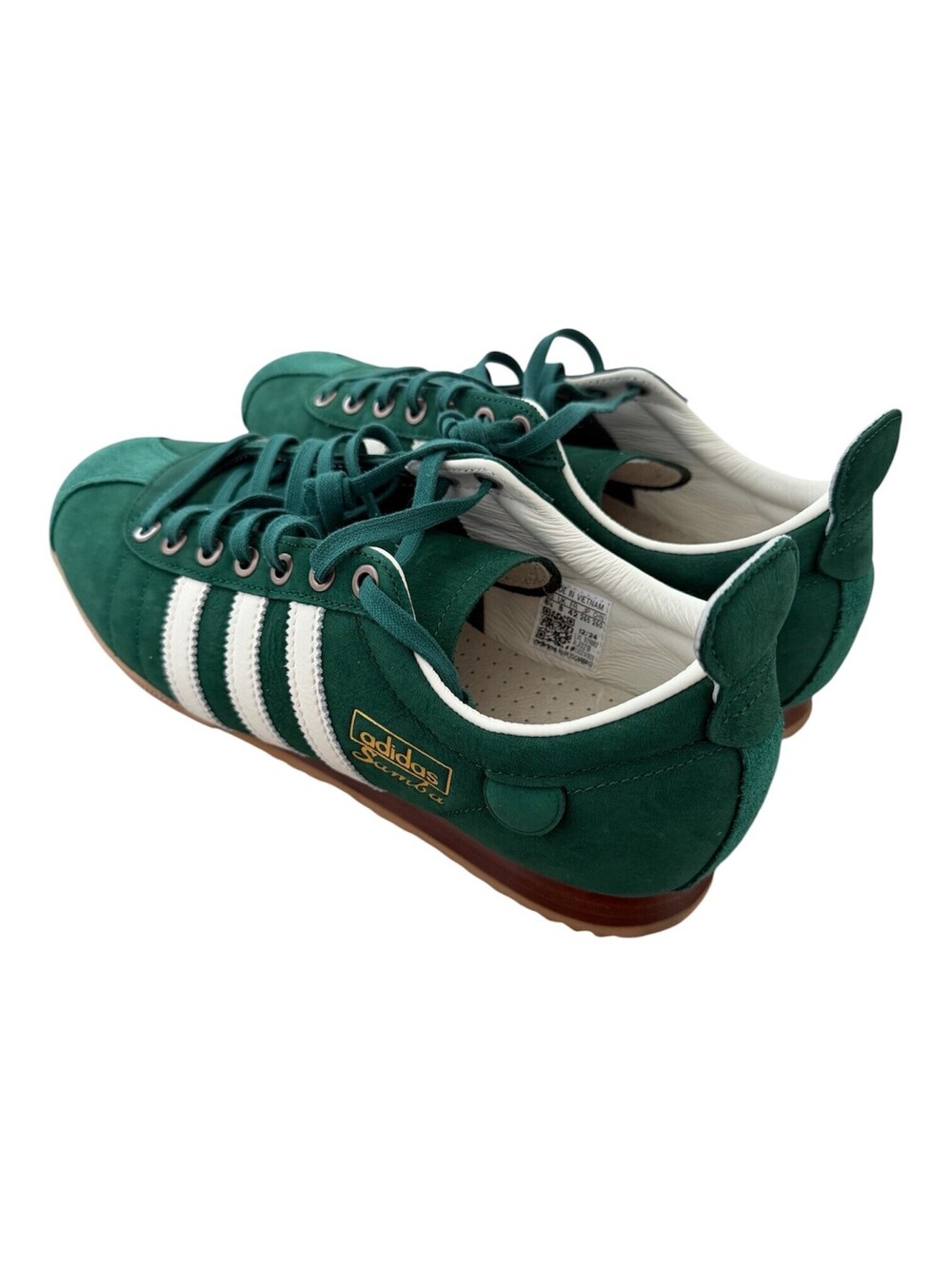 Adidas SAMBA 62 Green Suede Sneakers with White Stripes and Gum Sole, Size 9.5